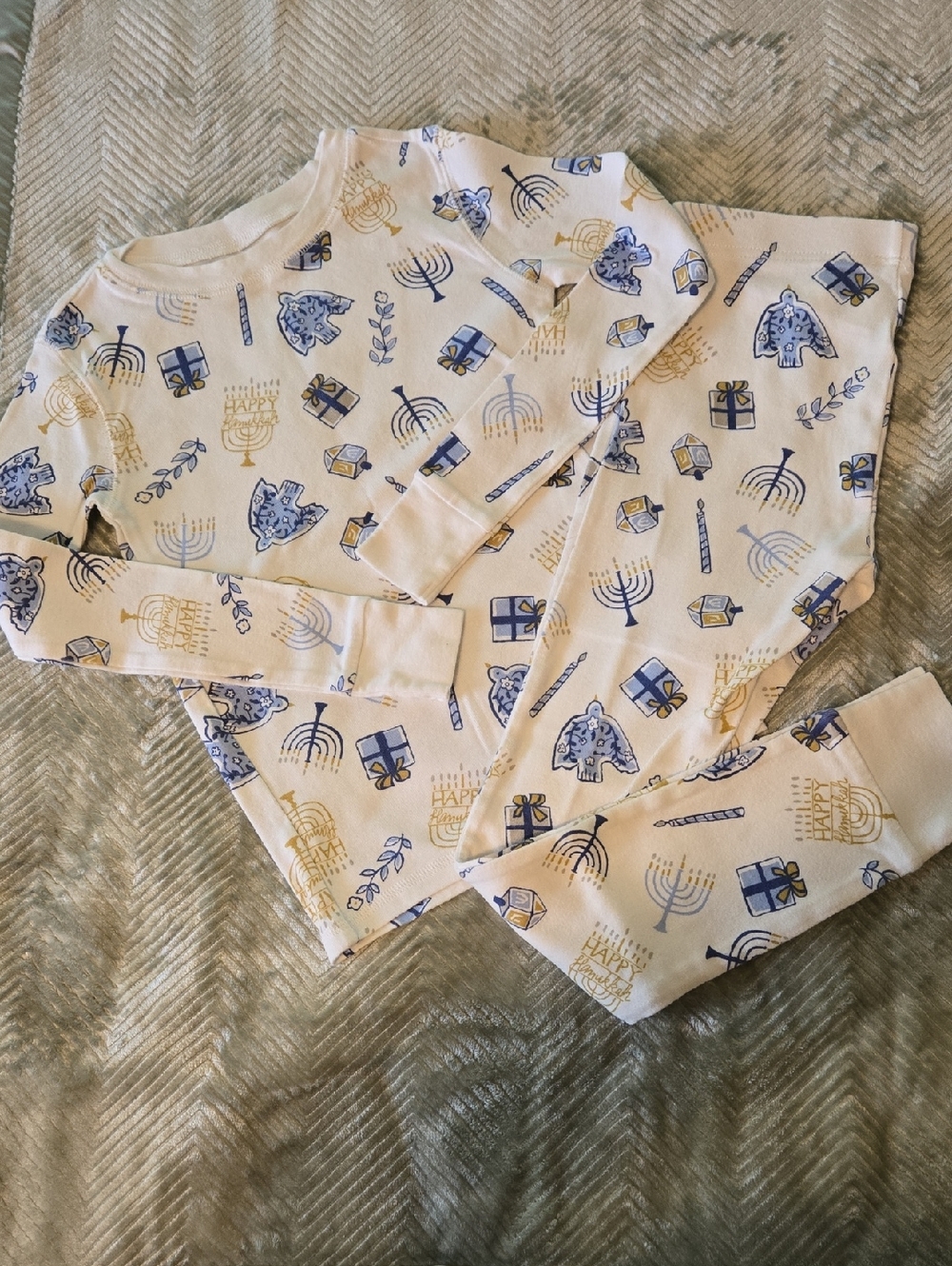 Old Navy Kids Cream Hanukkah Pajama Set with Blue & Gold Motifs